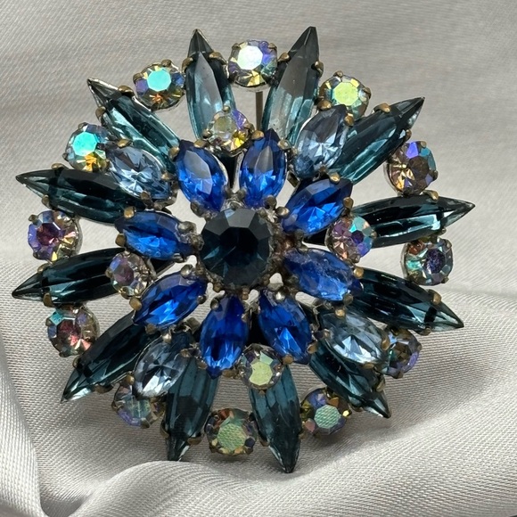 Unsigned Jewelry - Vintage MCM Blue Rhinestone & Aurora Borealis Sunburst Brooch